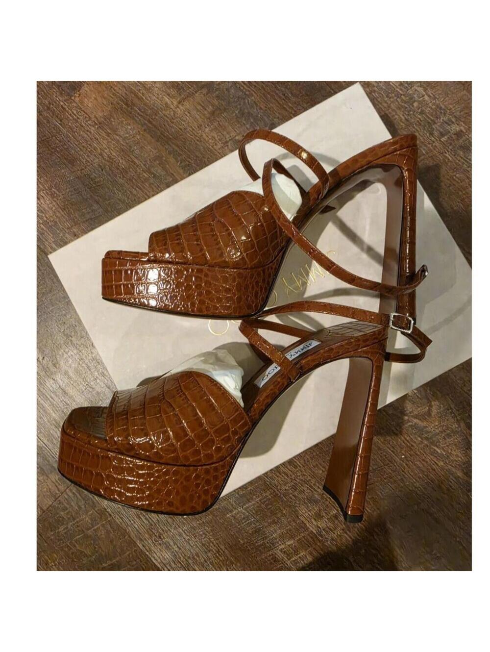 New with Box Jimmy Choo Karli Cognac Croc Embossed Leather Heels 9
